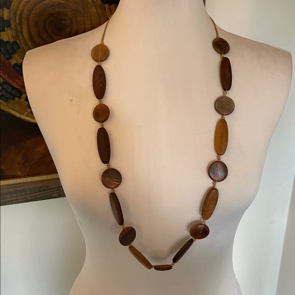 Vintage Boho Lariat Style Wood Beads Knotted Waxed Cord Necklace